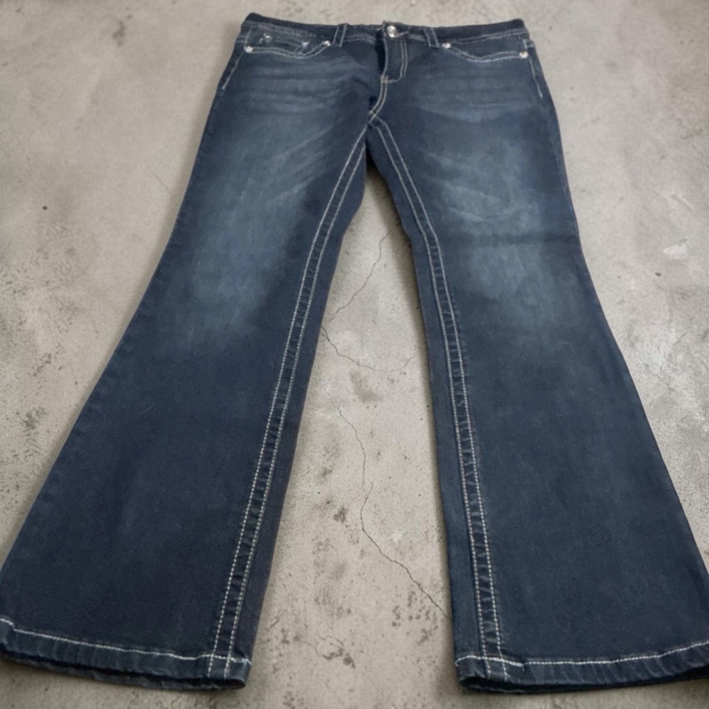 Rebel Soul Women's Bootcut Jeans Blue Dark Wash Denim Solid Embroidered Sz 11